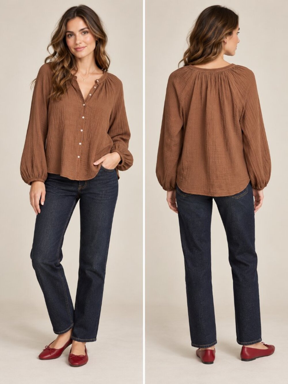 Universal Thread Brown Gauze Long Sleeve Button Down Blouse Womens S NWT